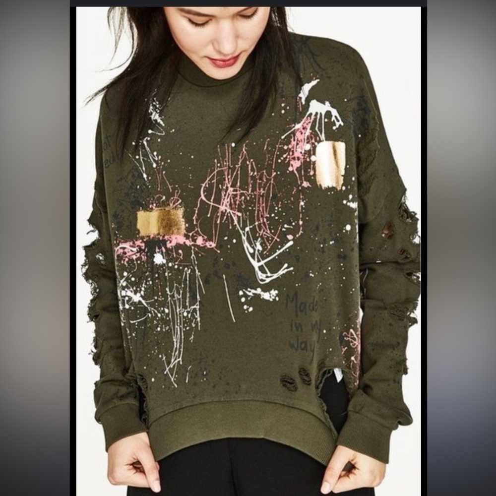 Zara Sweatshirt High Neck Green Distressed GRAFFITI Splatter Paint Size Small
